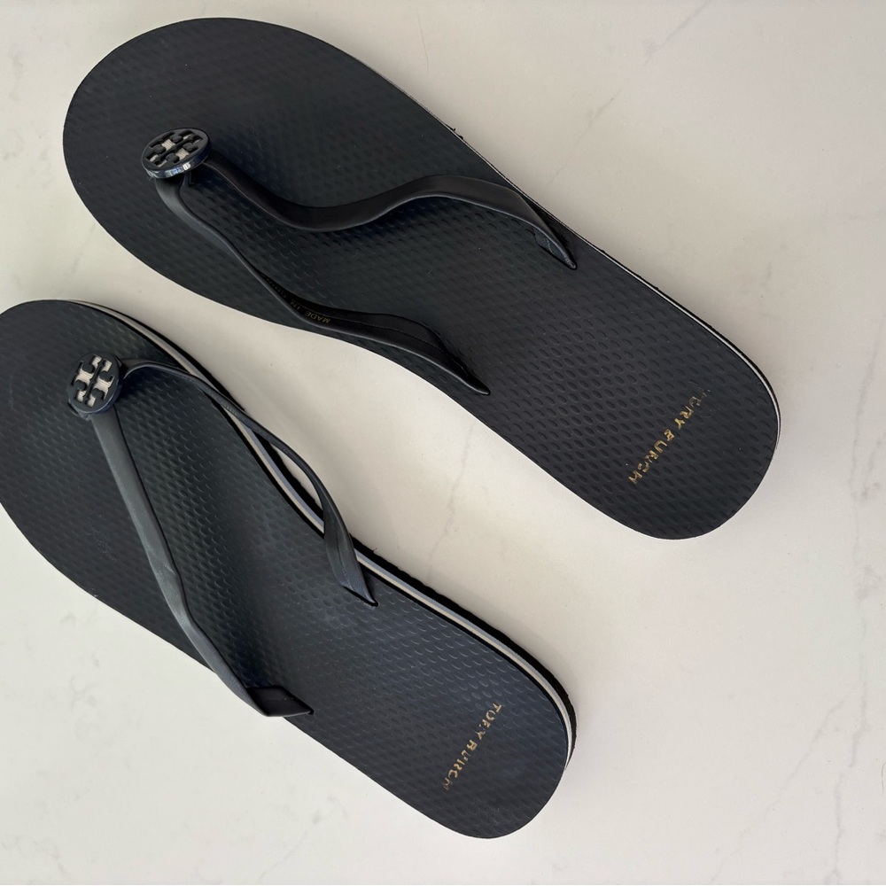 Tory Burch Navy Blue Minnie Logo Rubber Flip Flop Sandals